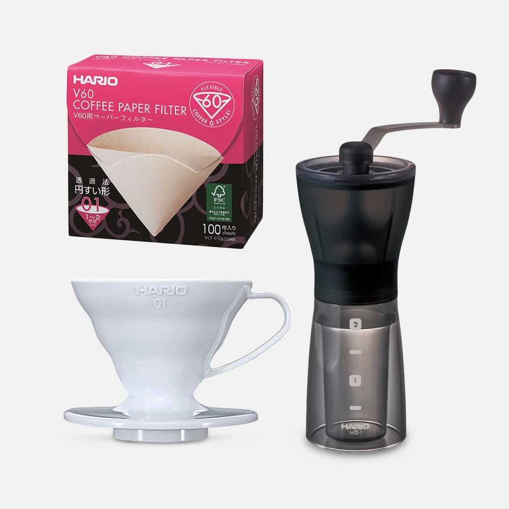 Hario Mini Mill Plus V60 Starter Kit Size 01 (White) 1 Hario Mini Mill Plus V60 Starter Kit Size 01 (White)